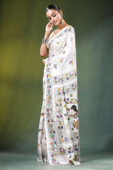 White multicolor folk art handcrafted silk kantha saree adorned vibrant hand-painted 3