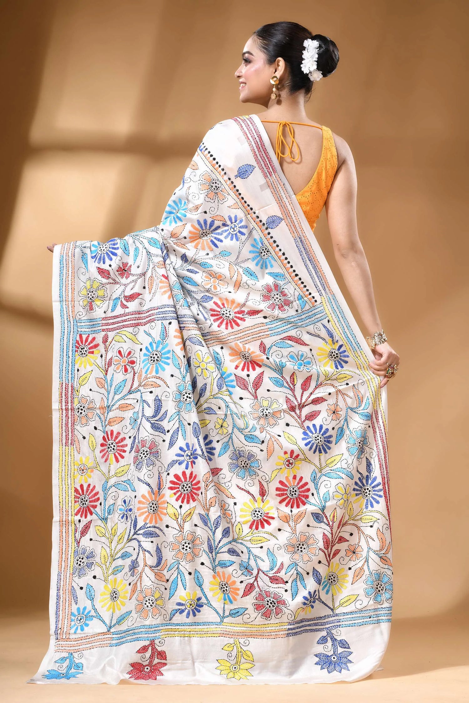 White multicolor hand embroidery floral silk kantha work saree vibrant hand-embroidered white saree adorned 5