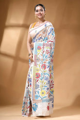 White multicolor hand embroidery floral silk kantha work saree woman wears white silk saree 3