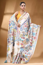 White multicolor hand embroidery floral silk kantha work saree vibrant hand-embroidered white saree adorned 4
