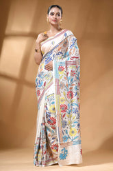 White multicolor hand embroidery floral silk kantha work saree woman wears white silk saree 6