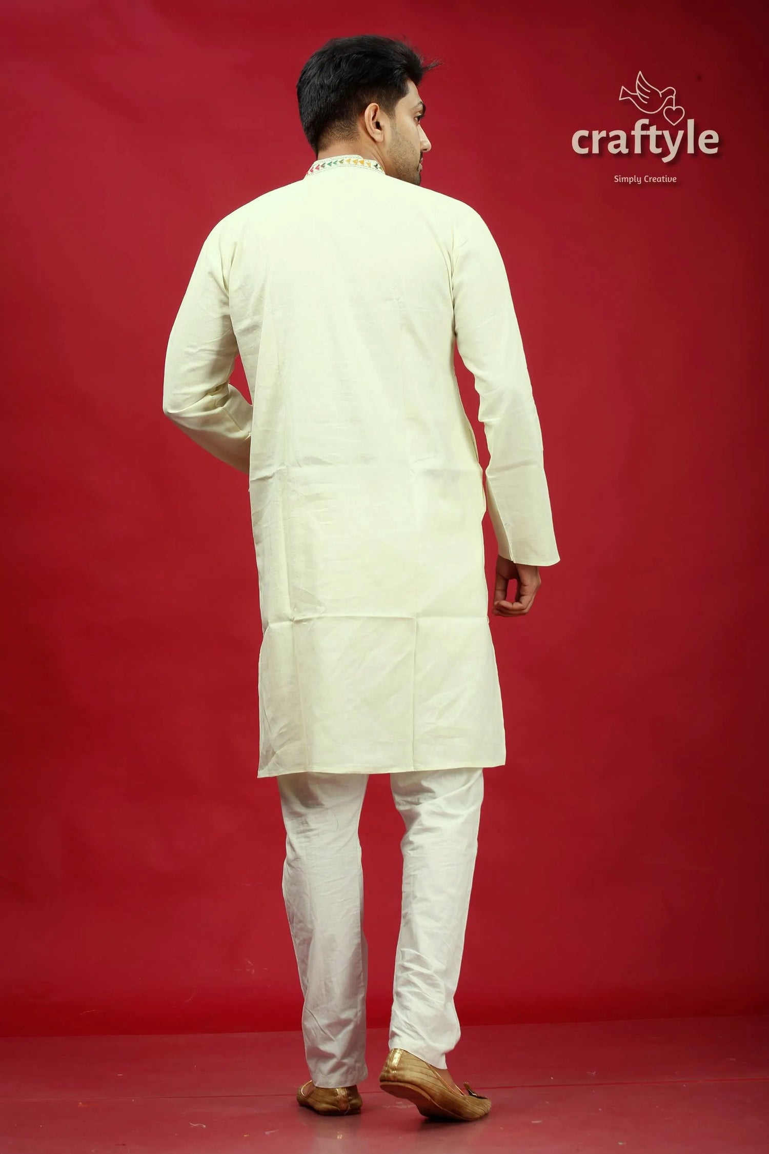 White multicolor thread kantha stitch cotton panjabi for men man cream-colored long-sleeved kurta subtle 5