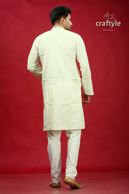 White multicolor thread kantha stitch cotton panjabi for men man cream-colored long-sleeved kurta subtle 5