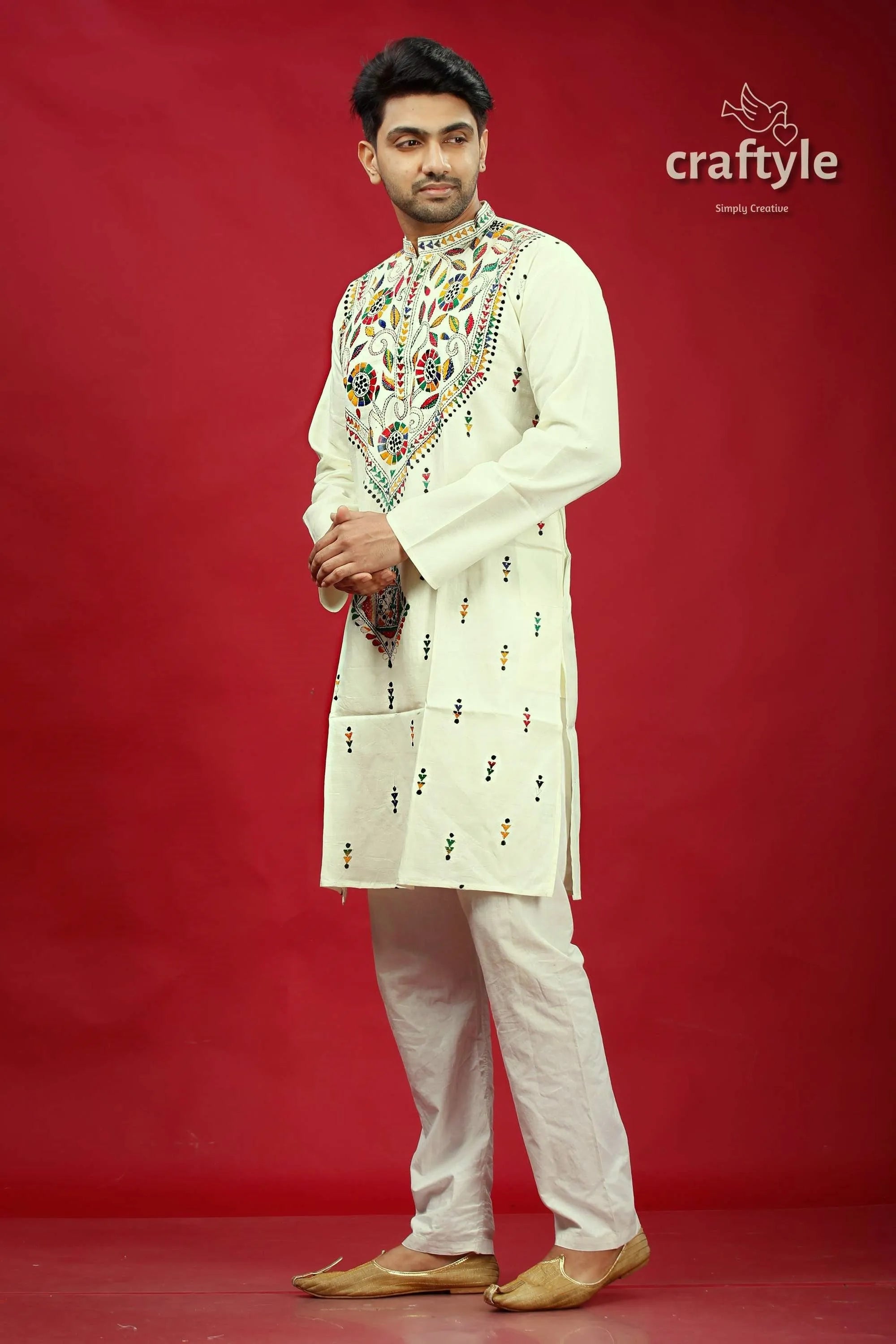 White multicolor thread kantha stitch cotton panjabi for men embroidered kurta colorful floral 3