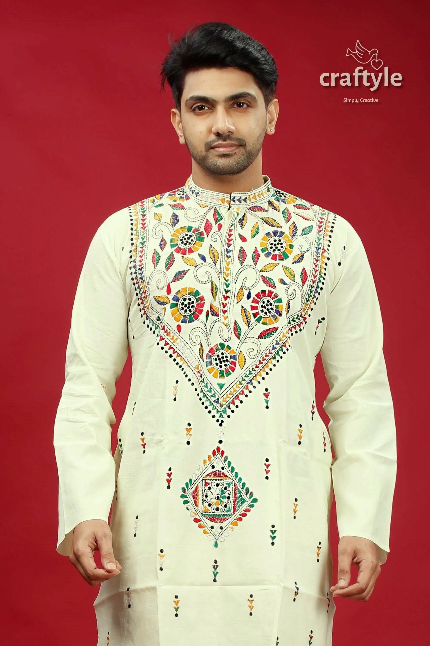 White multicolor thread kantha stitch cotton panjabi for men cream-colored embroidered kurta vibrant colorful 2