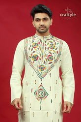 White multicolor thread kantha stitch cotton panjabi for men cream-colored embroidered kurta vibrant colorful 2