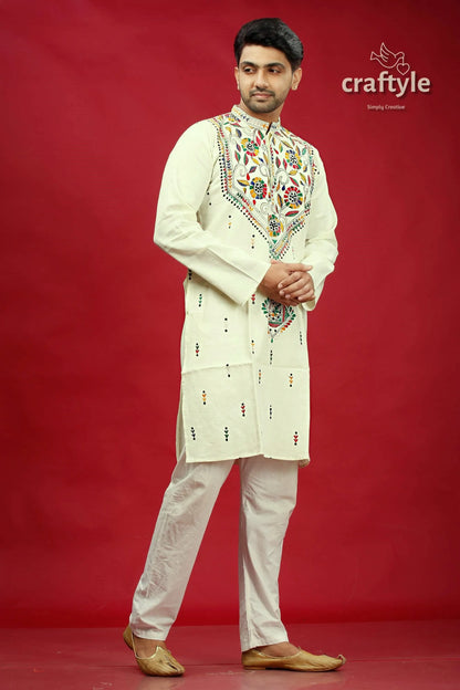 White multicolor thread kantha stitch cotton panjabi for men cream-colored embroidered kurta intricate floral 4