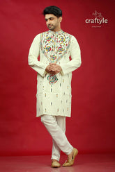 White multicolor thread kantha stitch cotton panjabi for men cream-colored embroidered kurta intricate floral 1