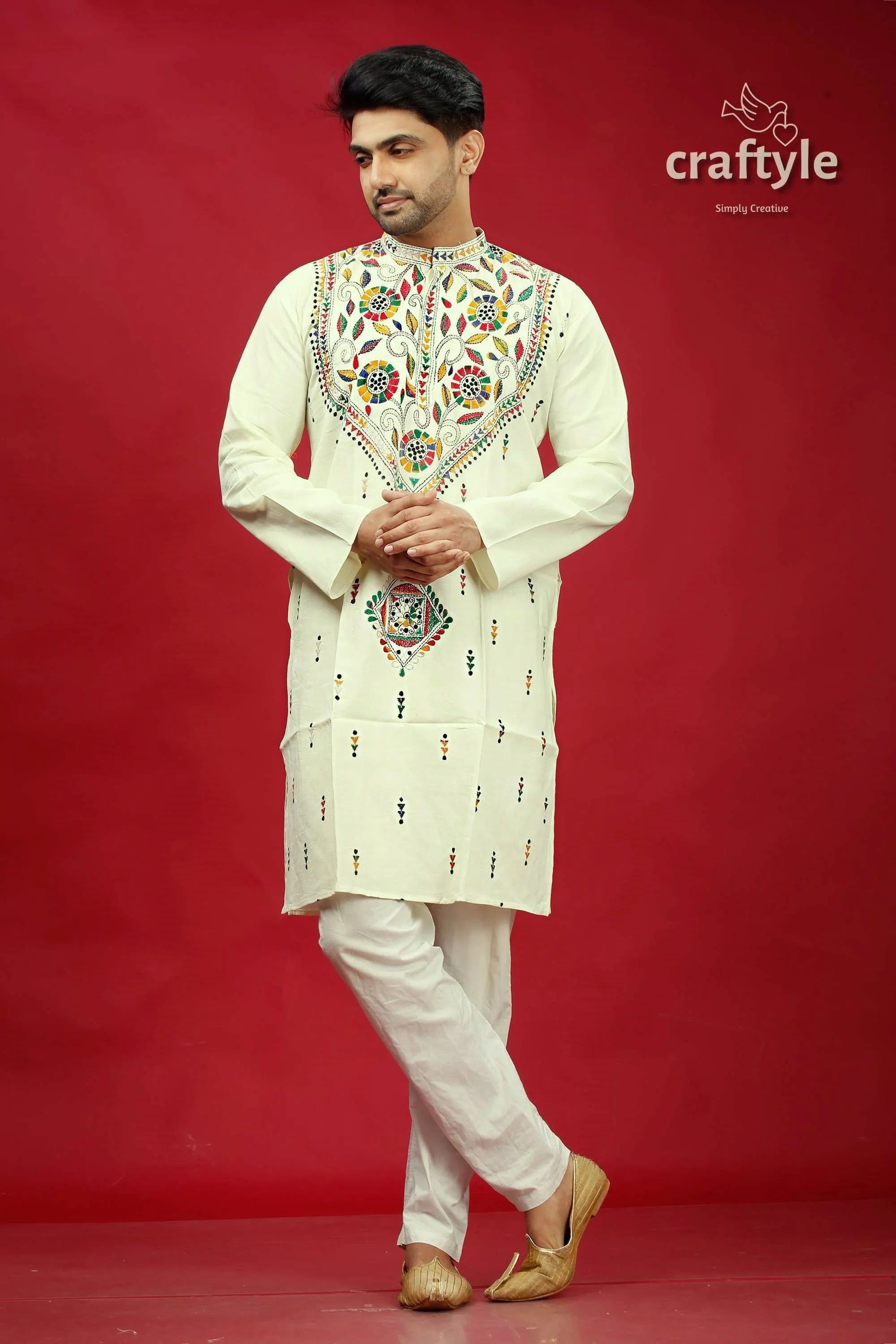 White multicolor thread kantha stitch cotton panjabi for men cream-colored embroidered kurta intricate floral 1