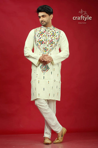 White multicolor thread kantha stitch cotton panjabi for men cream-colored embroidered kurta intricate floral 1