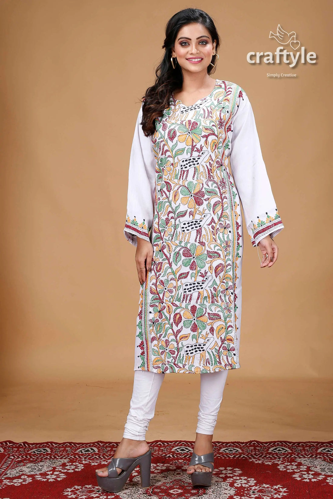 White Multithread Floral Allover Work Kantha Cotton Kurti - Craftyle