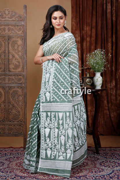 White Oxley Green Jamdani Saree - Intricate Design for a Perfect Look - Craftyle