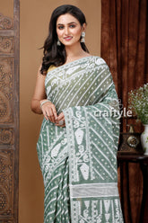 White Oxley Green Jamdani Saree - Intricate Design for a Perfect Look - Craftyle