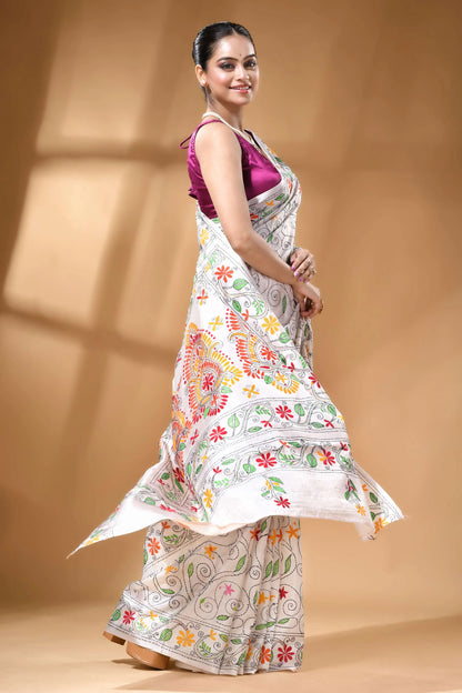 White paisley design handcrafted silk kantha stitch saree woman wears white saree intricate 5