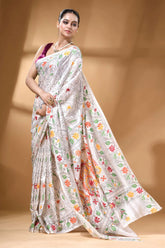 White paisley design handcrafted silk kantha stitch saree woman wears white silk saree 4