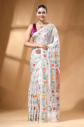 White paisley design handcrafted silk kantha stitch saree white embroidered saree colorful floral 1