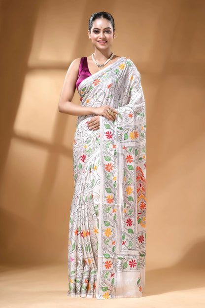 White paisley design handcrafted silk kantha stitch saree white embroidered saree colorful floral 1