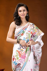 White peacock motif handcrafted kantha embroidery silk saree white silk saree vibrant hand-painted 2