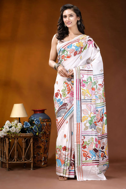 White peacock motif handcrafted kantha embroidery silk saree white silk saree adorned vibrant 6