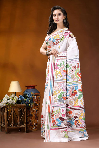 White peacock motif handcrafted kantha embroidery silk saree white sari adorned vibrant colorful 3