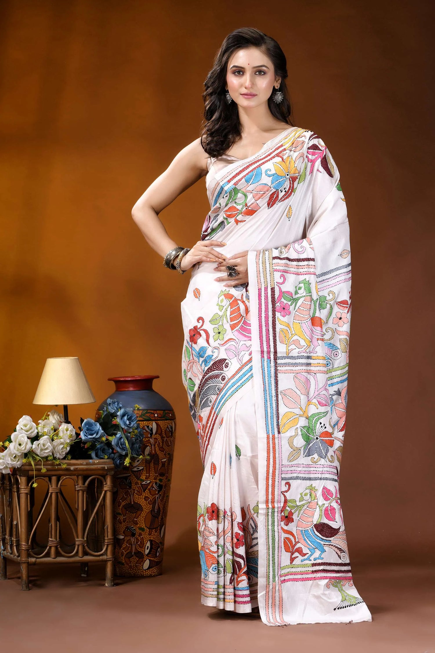 White peacock motif handcrafted kantha embroidery silk saree white saree adorned vibrant colorful 1