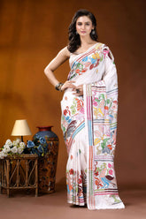 White peacock motif handcrafted kantha embroidery silk saree white saree adorned vibrant colorful 1