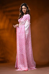 White pink dyed silk kutch work saree with mirror geometric design 3
