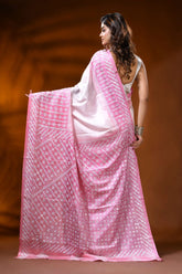 White pink dyed silk kutch work saree with mirror geometric design 5