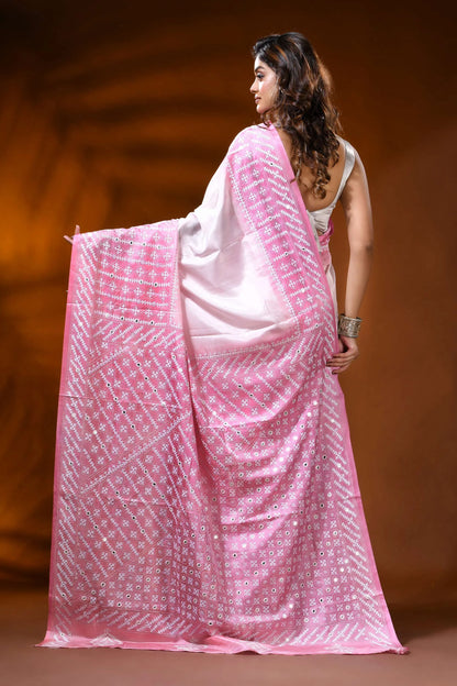 White pink dyed silk kutch work saree with mirror geometric design 5