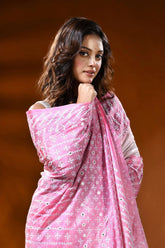 White pink dyed silk kutch work saree with mirror geometric design 2