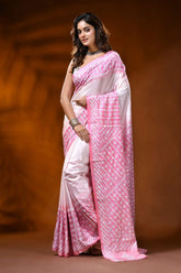 White pink dyed silk kutch work saree with mirror geometric design 6