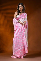 White pink dyed silk kutch work saree with mirror geometric design 4