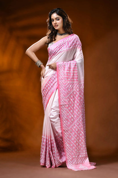 White pink dyed silk kutch work saree with mirror geometric design 1