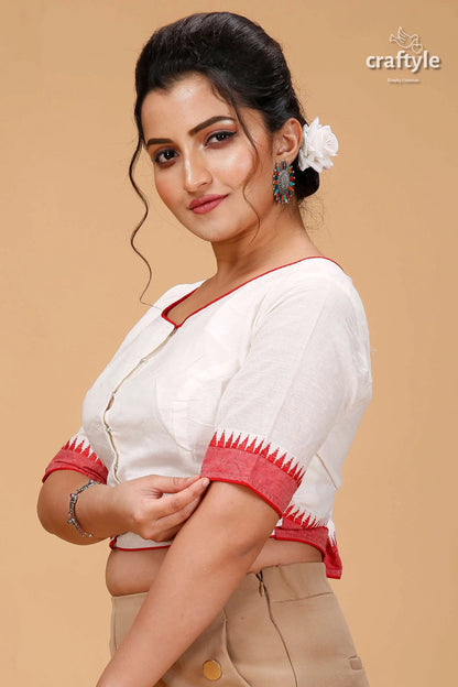White pure cotton blouse with exquisite kantha patchwork woman white blouse red trim 3