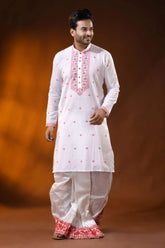 White pure cotton jamdani kurta for men with floral ethnic design 4