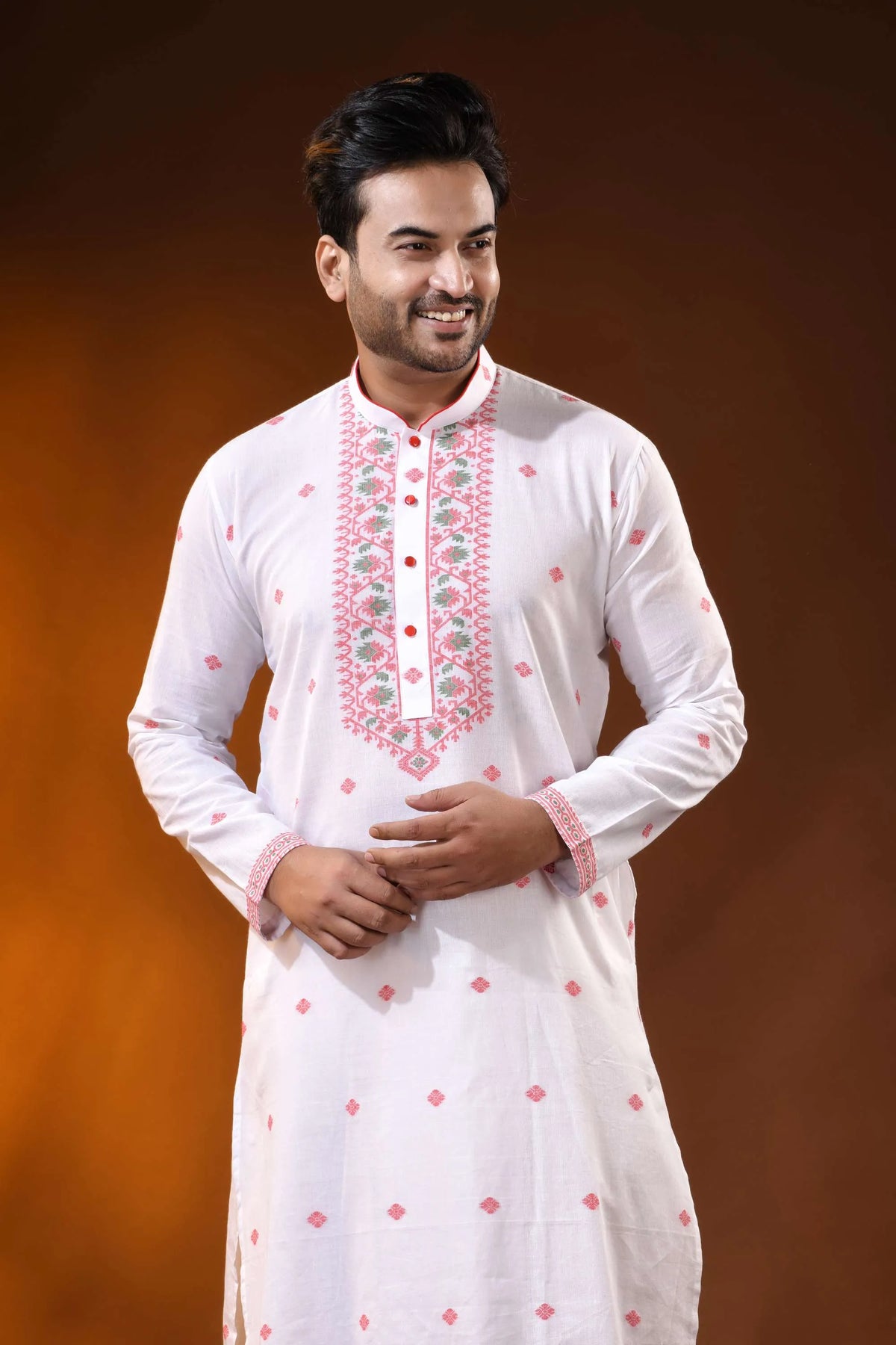 White pure cotton jamdani kurta for men with floral ethnic design 2