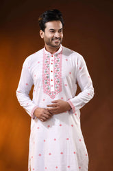 White pure cotton jamdani kurta for men with floral ethnic design 2