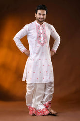 White pure cotton jamdani kurta for men with floral ethnic design 1