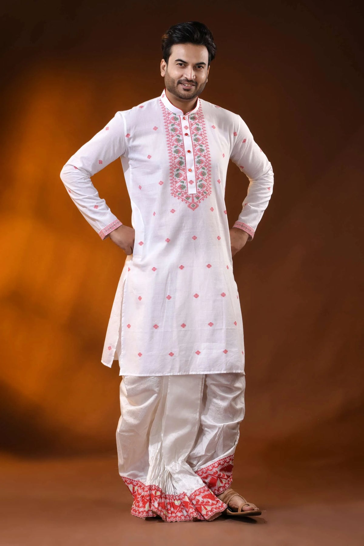 White pure cotton jamdani kurta for men with floral ethnic design 1