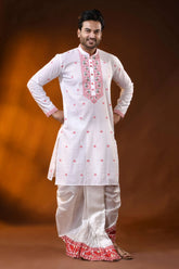 White pure cotton jamdani kurta for men with floral ethnic design 7