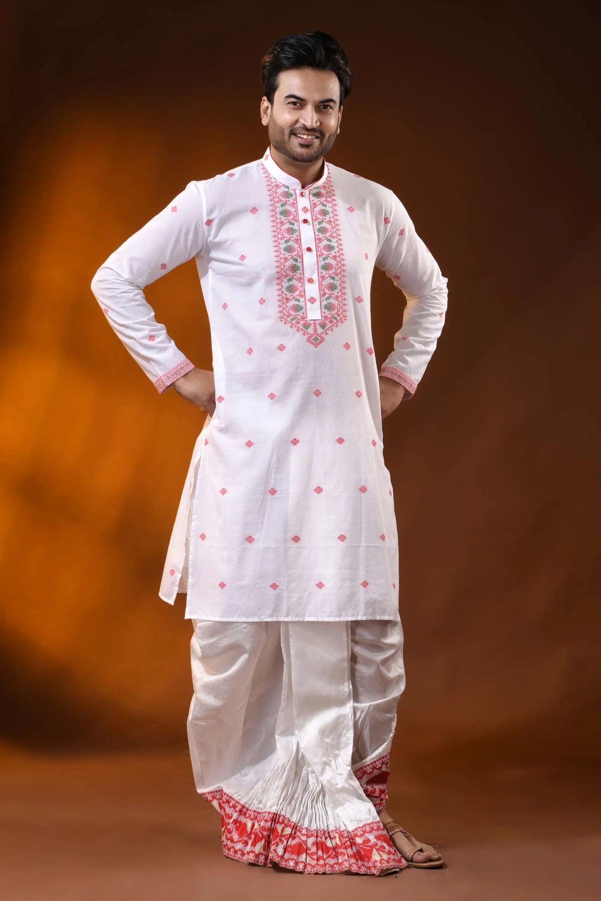 White pure cotton jamdani kurta for men with floral ethnic design 7