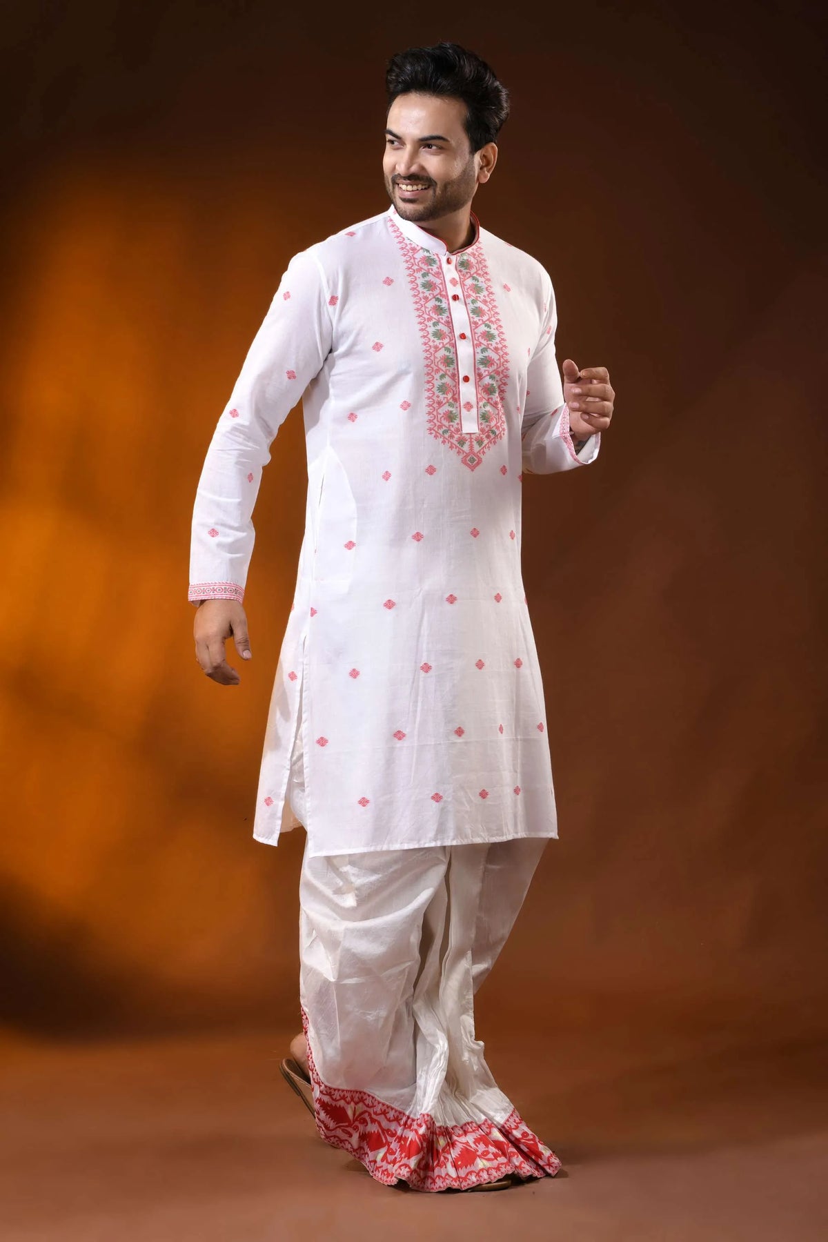 White pure cotton jamdani kurta for men with floral ethnic design 3