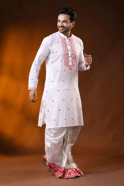 White pure cotton jamdani kurta for men with floral ethnic design 3