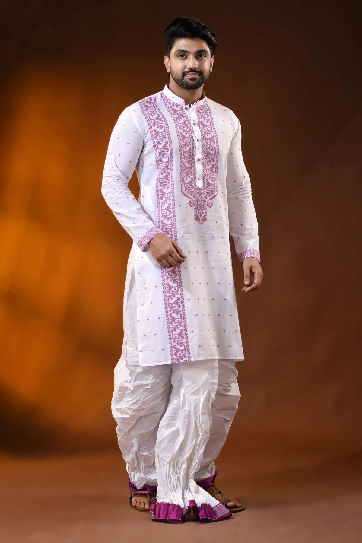 White pure cotton jamdani kurta for men with mauve ethnic design 7