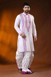 White pure cotton jamdani kurta for men with mauve ethnic design 7
