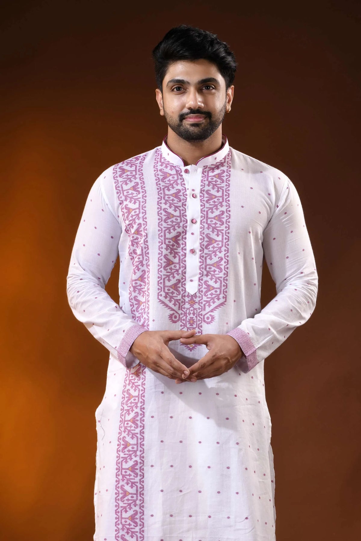 White pure cotton jamdani kurta for men with mauve ethnic design 2