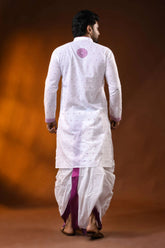 White pure cotton jamdani kurta for men with mauve ethnic design 5