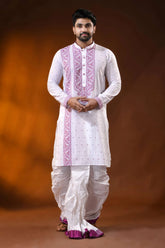 White pure cotton jamdani kurta for men with mauve ethnic design 6