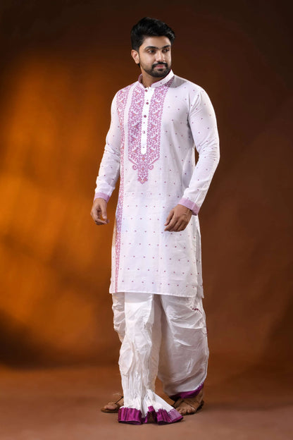 White pure cotton jamdani kurta for men with mauve ethnic design 3