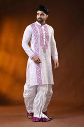 White pure cotton jamdani kurta for men with mauve ethnic design 4